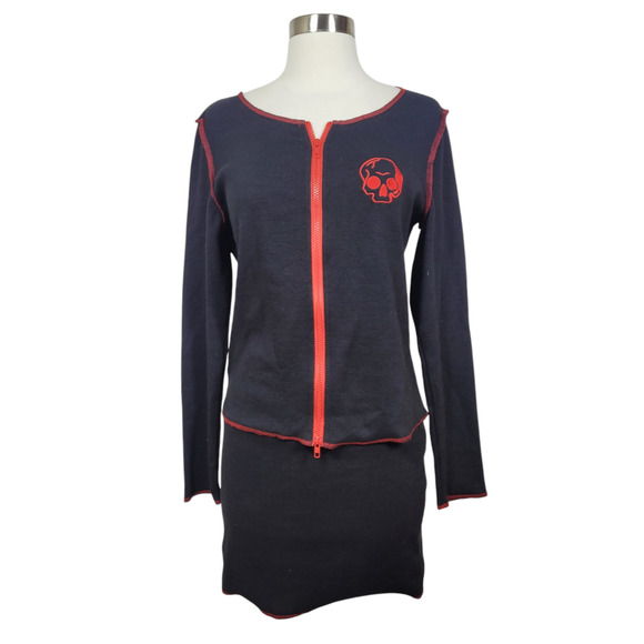 SHEIN Black Red Gothic Grunge Ribbed 2 Piece Long Sleeve Skirt Set Size 8-10 - Picture 1 of 9